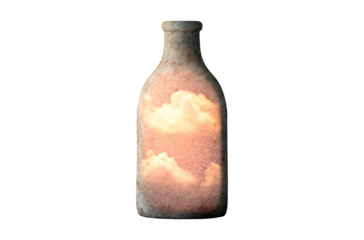 Glass bottle reveals glowing dream with clouds inside glowing softly