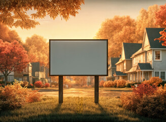 a suburban neighborhood during autumn, with trees and bushes displaying vibrant orange and red foliage. In the foreground, there is a blank sign post on a grassy area.