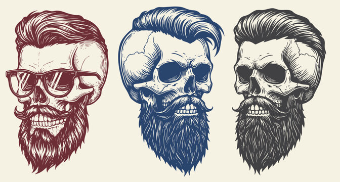 Barber Shop logo, Vintage Bearded Barber Skull With Stylish Hairstyle, Vector illustration
