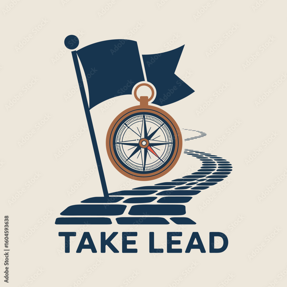 Poster symbolic representation of leadership and direction with a flag compass and winding path conveying g