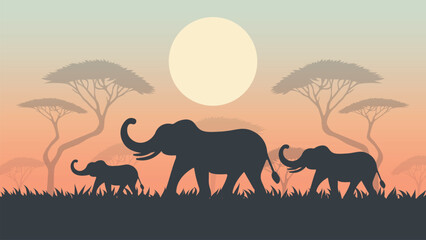 Elephants Walking in African Savannah at Sunset Flat Vector Illustration.