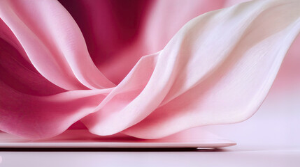  a close-up of a fabric, possibly silk, with a gradient of pink and white colors. The fabric appears to be flowing or draped, creating soft, curved shapes. The background is blurred.