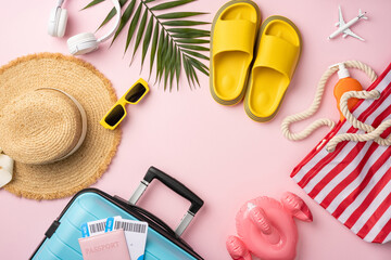 Top view of colorful travel essentials for summer trips, including hat, slippers, and suitcase