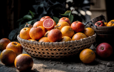  a basket filled with oranges and apples, placed on a wooden surface. The background features a dark, rustic setting with a blurred plant and a wooden basket.