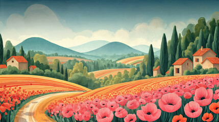  a picturesque countryside scene with rolling hills, lush greenery, and blooming poppy fields. The sky is partially cloudy with soft hues of blue and white, adding to the serene and vibrant atmosphere