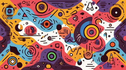 a vibrant abstract painting featuring a variety of shapes, colors, and patterns, including circles, lines, and geometric forms. The composition is dynamic and colorful, with a mix of tones.