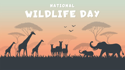 National Wildlife Day Poster with Animal Silhouettes in Savannah Vector Illustration.