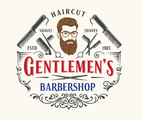 Barbershop logo with a complex design of elegant vintage details with professional scissors and razor elements, for your business and professional barbershop label with quality services.