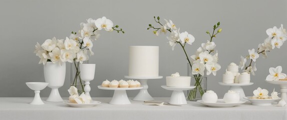 Minimalist dessert table with white confections and orchid floral centerpieces shown cleanly on cool gray background