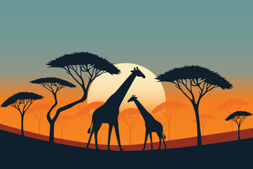 Giraffes Silhouette in African Savannah at Sunset Flat Illustration.