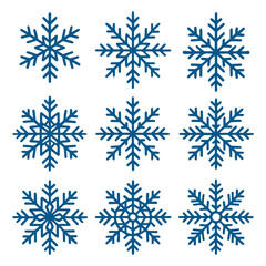 Blue snowflake icon set isolated on white background