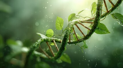 a DNA strand intertwined with plant life, representing the concept of nature and science blending together