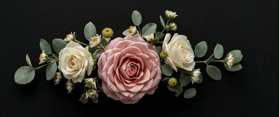 Realistic edible floral cake topper with roses chamomile and soft eucalyptus sugar leaves placed elegantly on plain black background