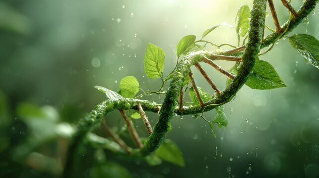 a DNA strand intertwined with plant life, representing the concept of nature and science blending together
