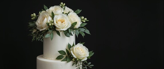Three tier wedding cake topped with lifelike ivory roses peonies and cascading greenery arranged perfectly on plain black background