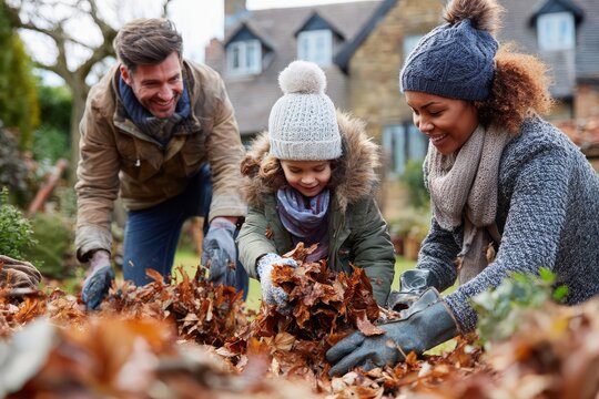 Family Bonding Over Autumn Leaf Cleanup