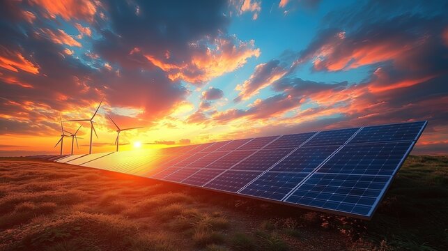 Solar Array and Wind Turbines on Evening - glow Grassland, Clean Energy Scene