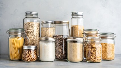 Zero Waste Pantry Kit with Glass Jars on Light Grey