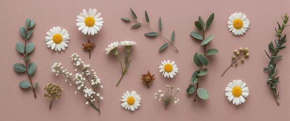 Chamomile eucalyptus and small white flowers in dainty floral element collection against a dusty mauve background
