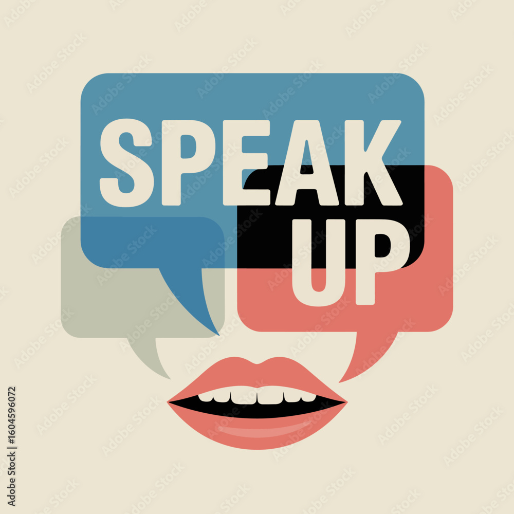 Poster vibrant speech bubbles with bold text encourage vocal expression and open communication featuring re