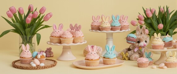 Easter dessert table with pastel cupcakes bunny macarons and fresh tulip bunches displayed sweetly on pale yellow background