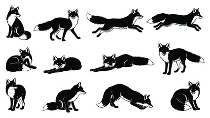 Collection of Silhouette Fox in Different Poses. Black Fox Isolated on White Background. Vector Illustration of Various Fox Activities