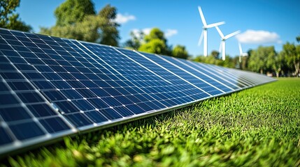 Solar Array and Wind Turbines on Green Grassland, Low - Carbon Energy Facility Scene