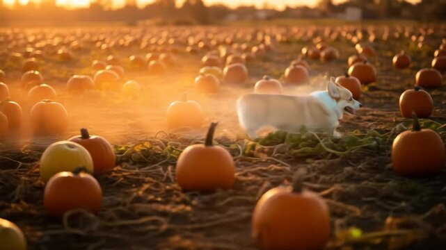 Corgi in a Pumpkin Patch at Sunset - A fluffy corgi dog stands in the middle of a large pumpkin patch as the sun sets, casting a warm golden light across the scene.