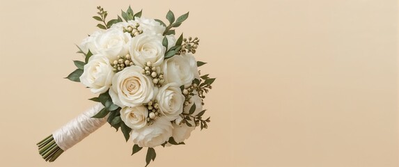 Ivory rose and champagne peony bouquet with leaf clusters and gold touches floating on a buttercream yellow background