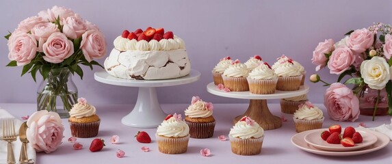 Mothers Day dessert table with floral cupcakes strawberry pavlova and peony bundles styled warmly on light lilac background