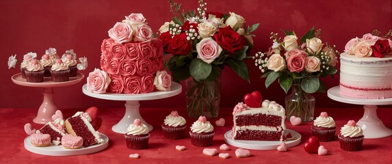 Valentines floral dessert setup with red velvet cakes rose cupcakes and heart cookies shining romantically on classic red background