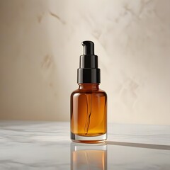 Amber glass pump bottle for beauty products, mockup for branding.