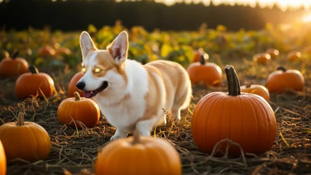 Corgi in Pumpkin Patch at Sunset - A fluffy corgi dog stands in the middle of a pumpkin patch at sunset. The warm golden light illuminates the scene, creating a charming autumnal atmosphere.