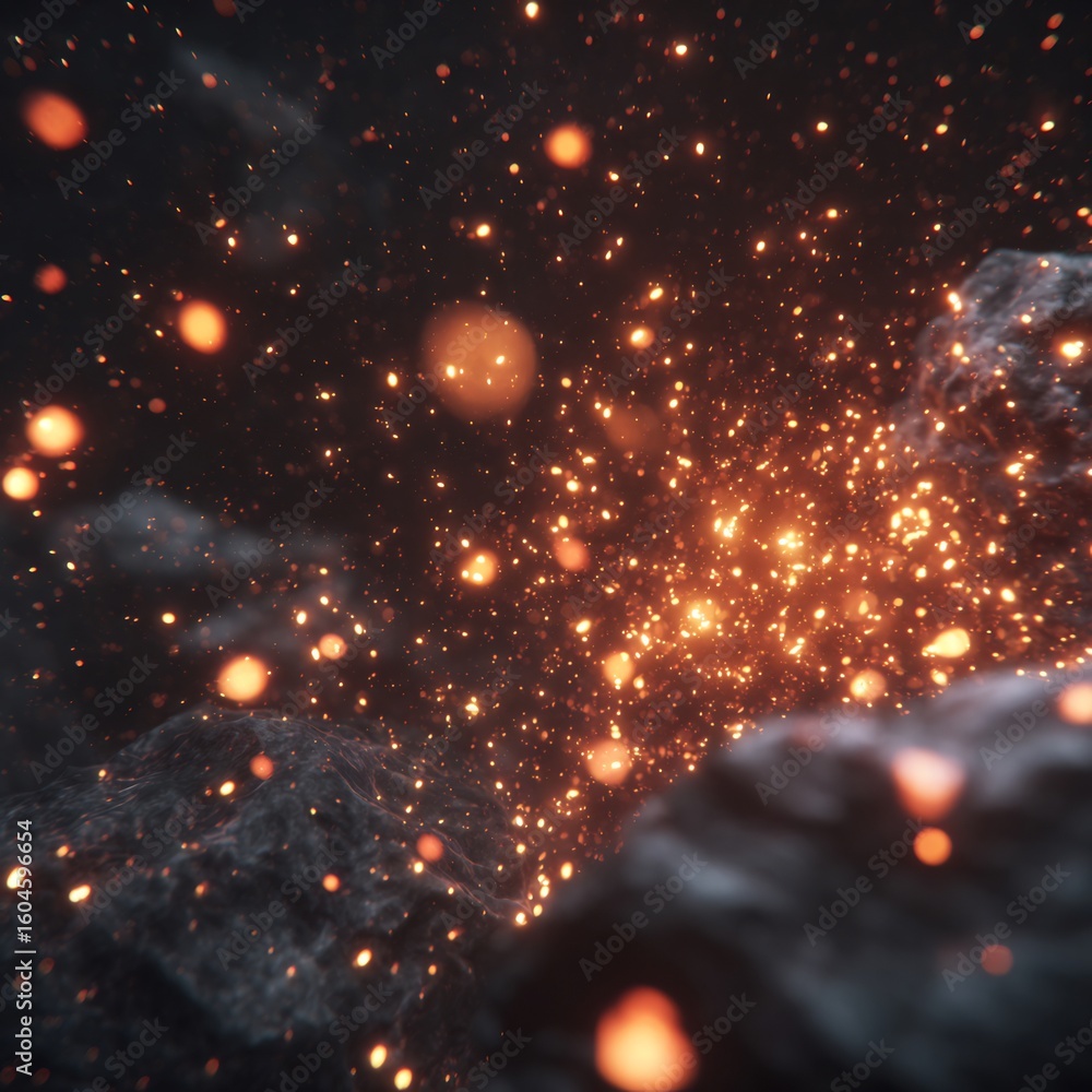 Poster enigmatic cosmic scene with glowing particles and rocky textures creating depth