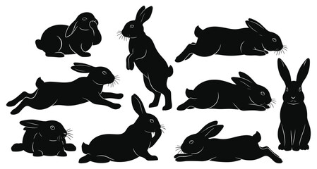 Collection of Silhouette Rabbit in Different Poses. Black Rabbit Isolated on White Background. Vector Illustration of Various Rabbit Activities