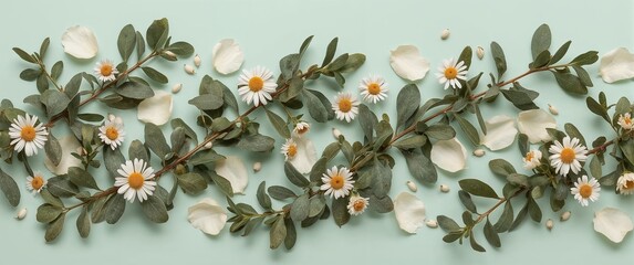Eucalyptus garlands and chamomile clusters with loose rose petals composition featured on a cool mint green background