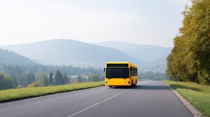 Obraz premium Sunny hilltop road with one electric bus in motion, Electric school bus