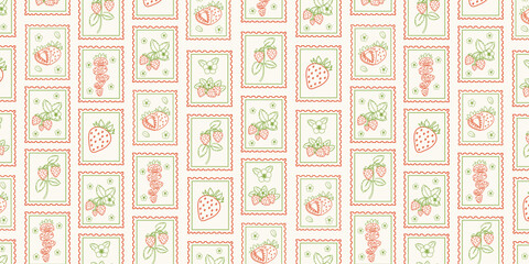 Hand drawn strawberry postcard seamless pattern. Botanical fruit design with frames, leaves, flowers. Seamless summer berry background. Vector doodle illustration. © Huma Fida