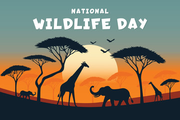 Wildlife Day Flat Poster with African Animal Silhouettes and Sunset.