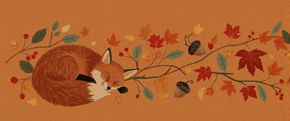 Sleeping fox curled up beside autumn leaves berries and acorns painted softly on a burnt orange background