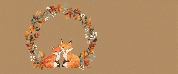 Watercolor fox family cuddling under autumn floral garlands and leaves nestled on a caramel brown background