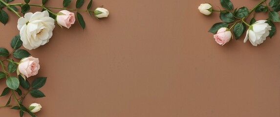 White florals pink rose buds and minimalist green leaves for elegant frame sets on a mocha brown background