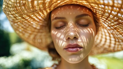 The woman with a straw hat basking in sunlight and serene shadows.