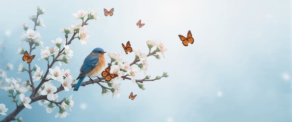 Bluebird pair resting on a blossoming branch surrounded by butterflies delicately illustrated on a misty sky blue background