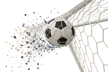  soccer ball breaks through the net in a football m  isolated on white background PNG, AI GENERATED