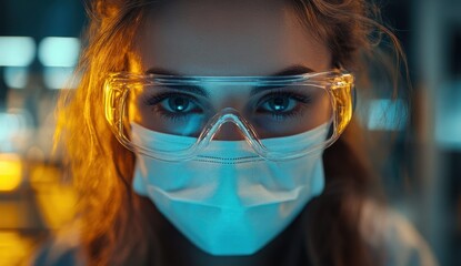 A focused young woman wearing protective goggles and a mask in a laboratory setting, showcasing determination and professionalism in her scientific work.