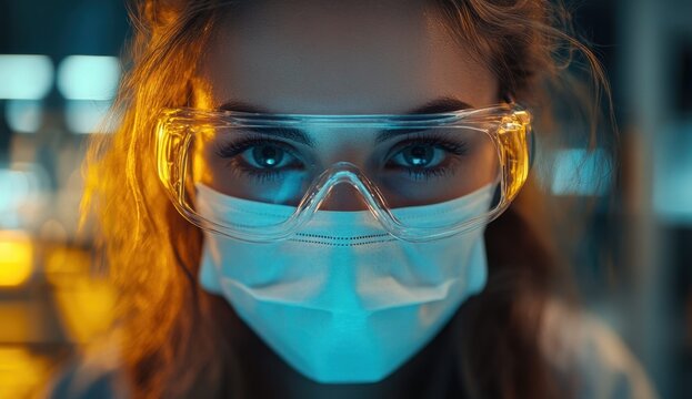 A focused young woman wearing protective goggles and a mask in a laboratory setting, showcasing determination and professionalism in her scientific work.
