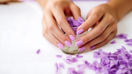 Fototapeta premium Beauty macro shot of fingers softly brushing glossy purple lips, highlighting lilac French nail design and lip texture, white background full frame .