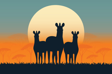 African Savannah Landscape with Zebra Family Silhouette at Sunset.