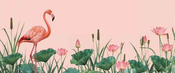Elegant flamingo standing amid lotus flowers and green reeds captured in watercolor on a pale coral background